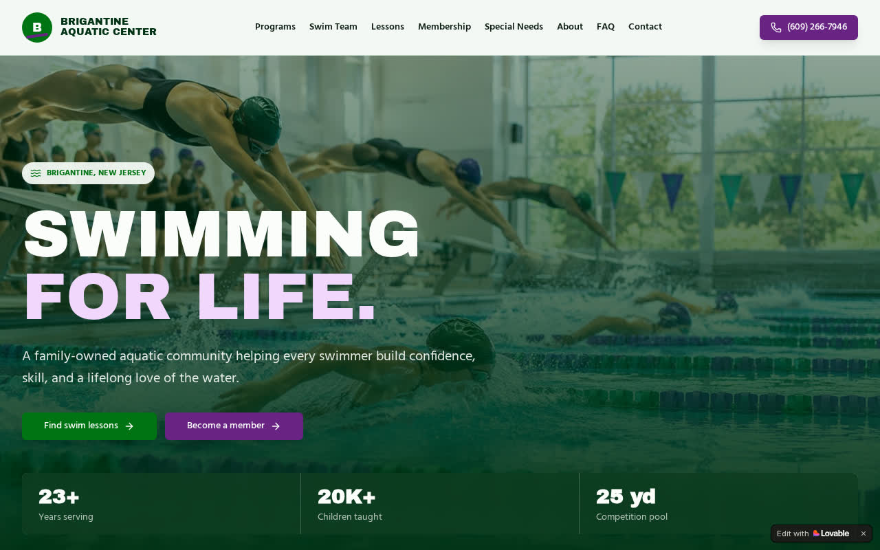 Homepage of the Brigantine Aquatic Center website